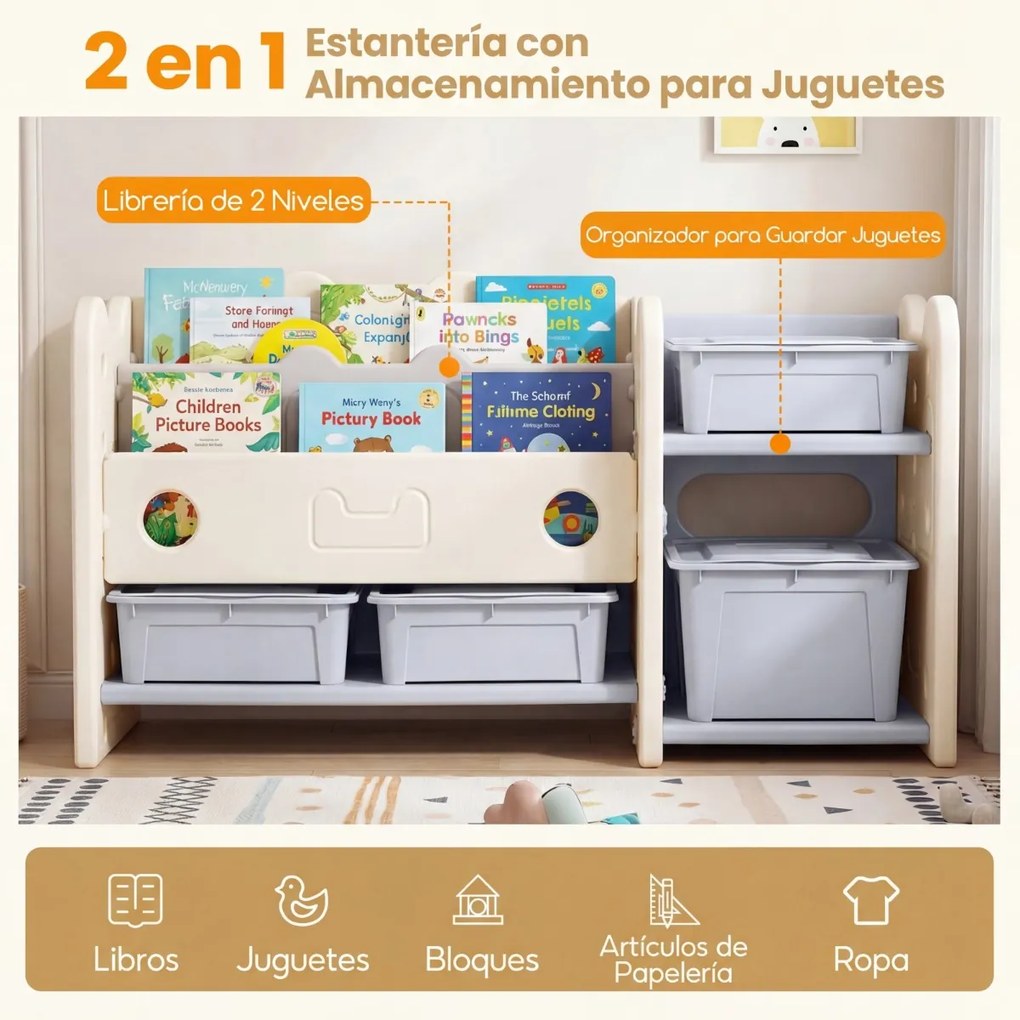 Organizador de brinquedos 2 em 1 com estante de 4 caixas e 3 prateleiras 114 x 36,5 x 63 cm, com tema de gatos, para quarto, sala de estar ou quarto d