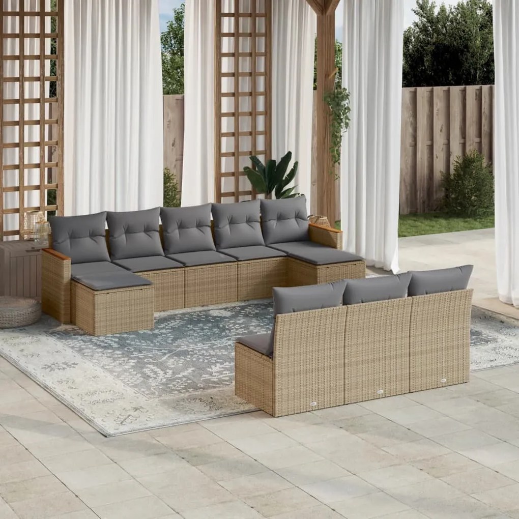 vidaXL 10 pcs conjunto de sofás p/ jardim com almofadões vime PE bege