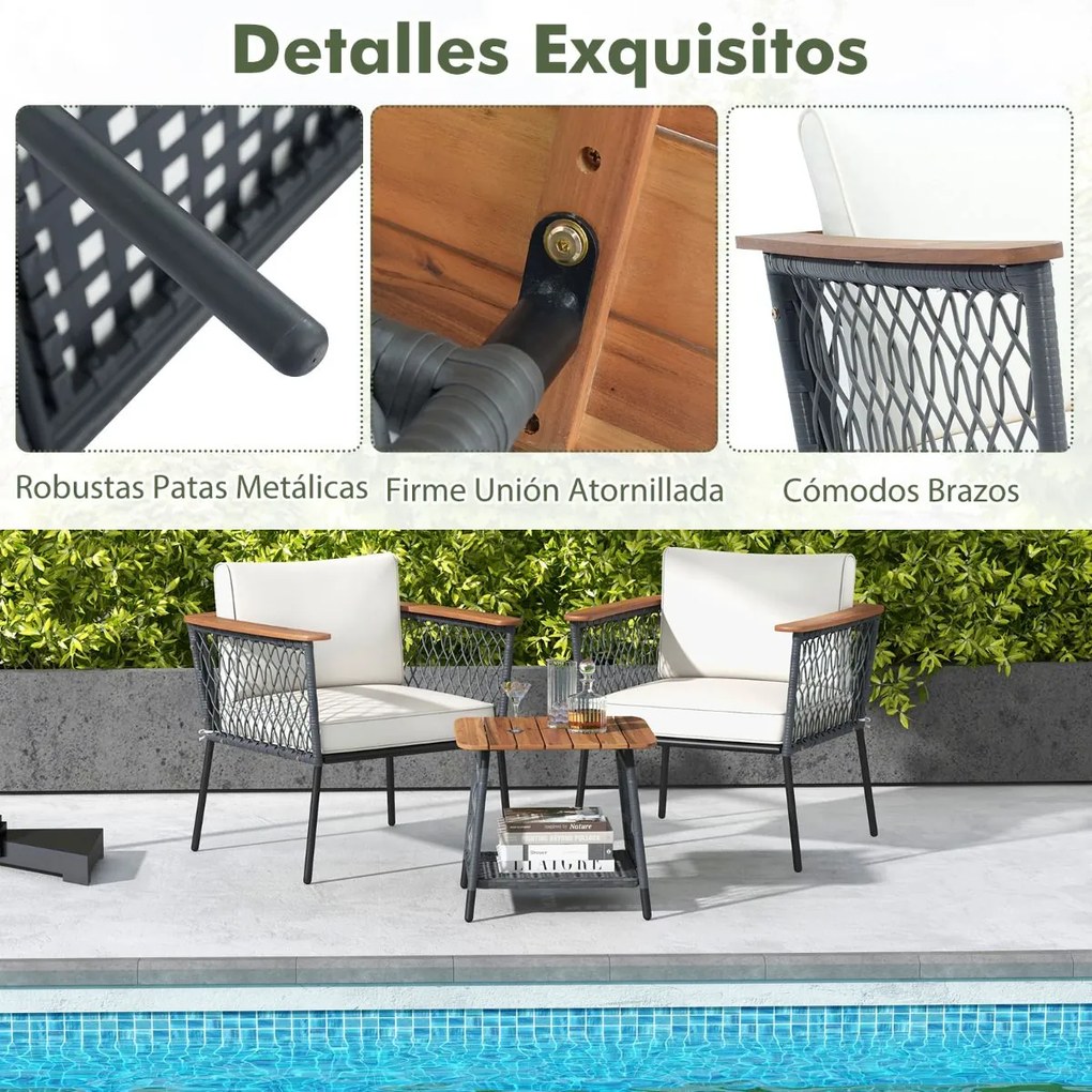 Conjunto de móveis de jardim de 3 peças 2 cadeiras de rattan com mesa de café Tampo de mesa em madeira de acácia Almofadas para exterior Jardim branco