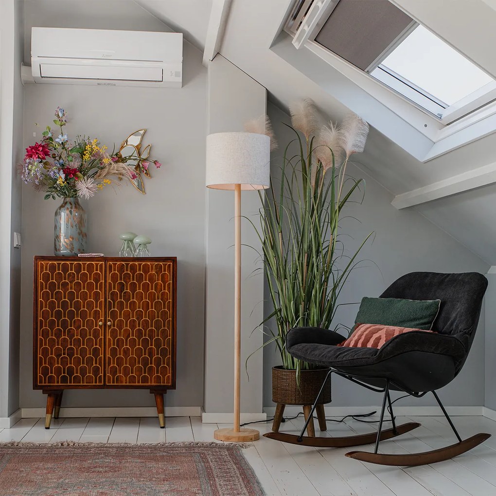 Candeeiro de pé rústico em madeira com abajur em linho bege 32 cm - Mels