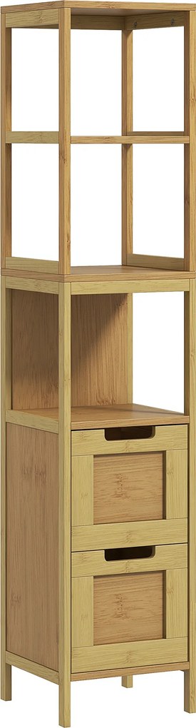 Coluna Casa de Banho com 3 Prateleiras e 2 Gavetas Armário Alto para Casa de banho Estilo Moderno 30x30x144,3 cm Madeira
