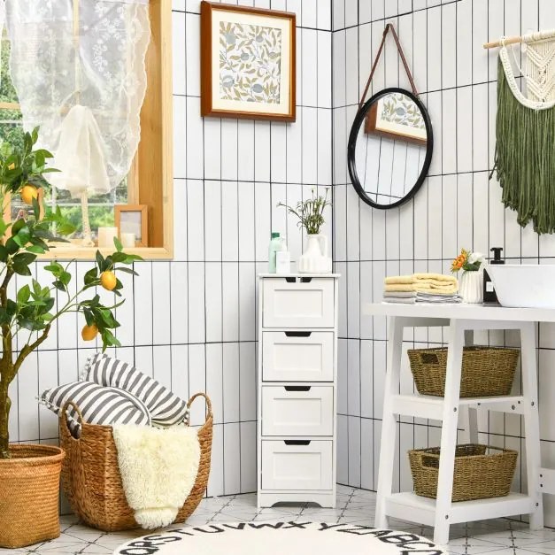 Armário arrumação multifuncional com 4 gavetas para casa de banho, cozinha, quarto, sala 30 x 30 x 83 cm Branco