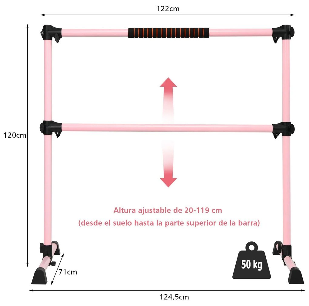 Barra dupla para ballet portátil com altura ajustável para meninas Adultos Fitness Dançar Dança Alongar músculos 124,5 x 71 x 120 cm Rosa