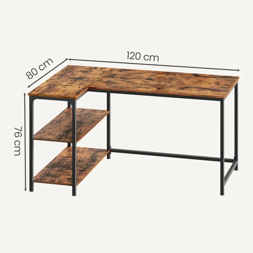 Secretária com espaço de arrumação em L, prateleira ajustável em altura 120 x 80 x 76 cm castanho