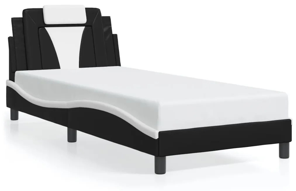 Estrutura cama c/ luz LED 90x190 cm couro artif. preto/branco