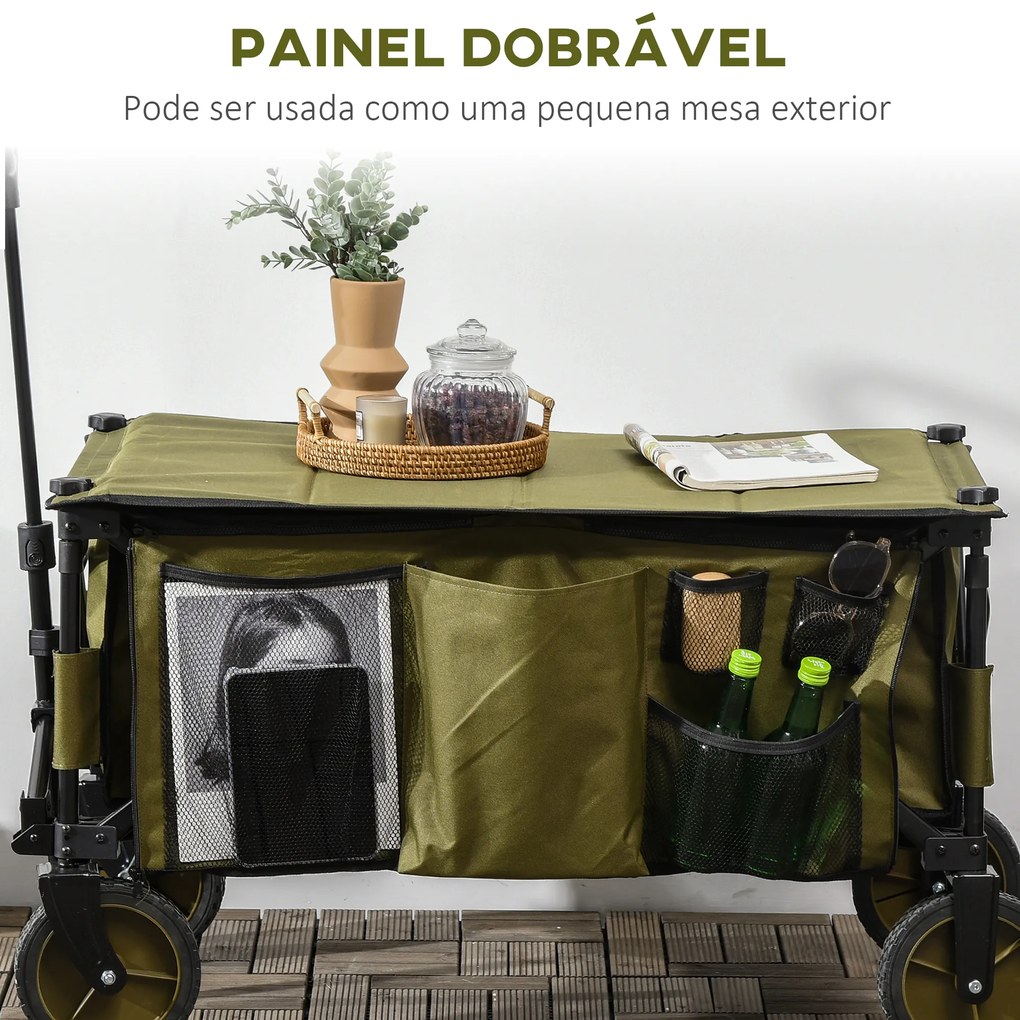 Outsunny Carrinho Dobrável de com Rodas Carrinho para Praia com Guiador Telescópico Bancada Dobrável 5 Bolsas de Armazenamento Estrutura de Aço e Tecido de Oxford 108x55x93cm Verde Escuro