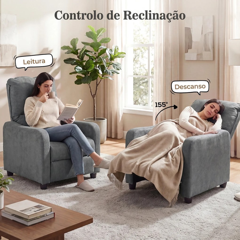 Poltrona Relax Reclinável Manual Acolchoada em Cinzento Escuro