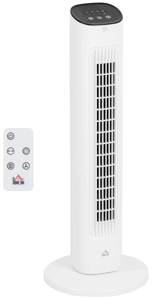 HOMCOM Ventoinha de Coluna 50W com Controlo Remoto com 3 Velocidades Temporizador 15h Oscilação 85° Ecrã LED 30x30x78 cm Branco