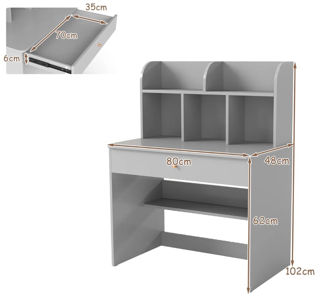 Secretária de Estudo em Madeira para Crianças 80 x 48 x 102 cm com Prateleiras Abertas e Gaveta Secretária Infantil com Cubos de Armazenamento Cinza