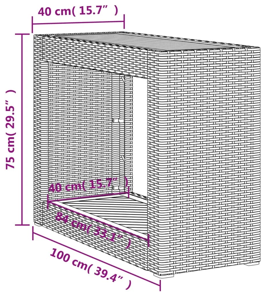 Mesa apoio jardim c/ tampo madeira 100x40x75cm vime PE cinzento