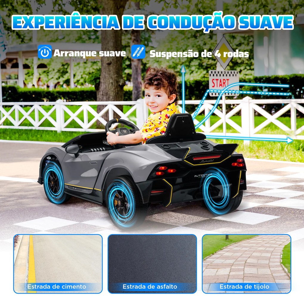 Carro Elétrico para Crianças Lamborghini 12V Controlo Remoto Faróis Buzina Arranque Lento e Música MP3 114,5x64x45,5 cm Cinza