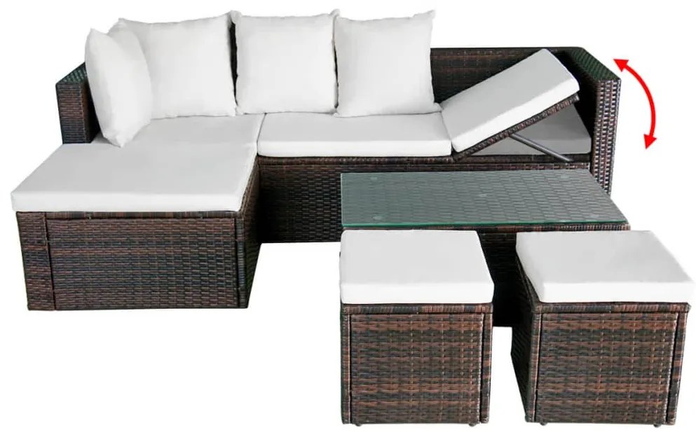 4 pcs conjunto lounge jardim c/ almofadões vime PE castanho