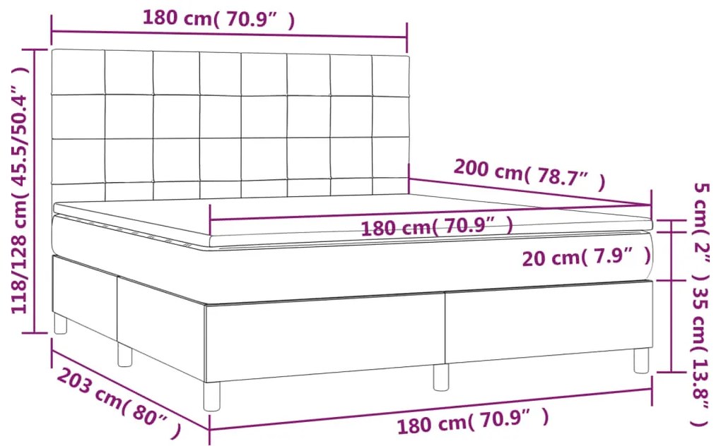 Cama box spring c/ colchão/LED 180x200cm veludo cinzento-escuro