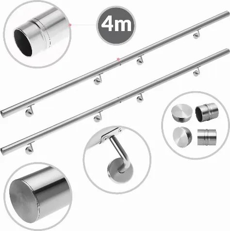 Conjunto de 4 corrimãos em aço inoxidável, Dimensões totais (C x Ø): 400 x 4,2 cm Prateado
