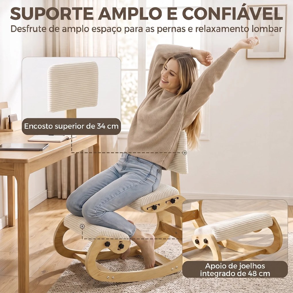Cadeira de Joelhos Ergonómica com Encosto, Apoio para Joelhos e Bombazina Creme