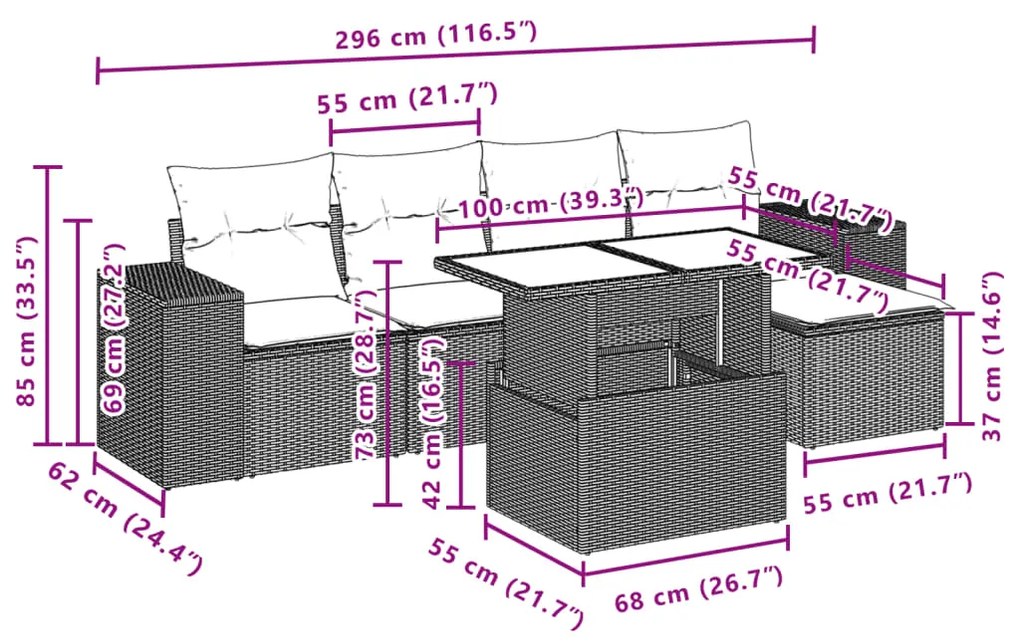 6 pcs conj. sofás jardim com almofadões vime PE cinzento-claro