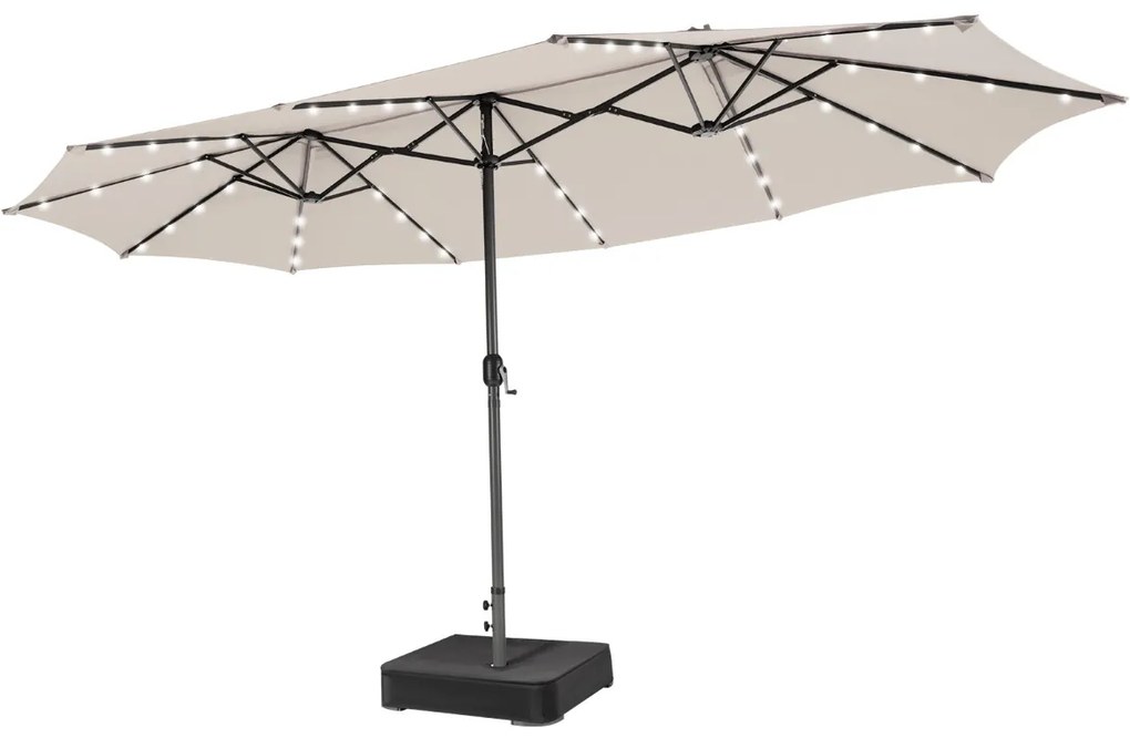 Guarda-sol dupla face de 470 cm com base Areia e 48 luzes LED Painel solar de carregamento automático Mecanismo de manivela Bege