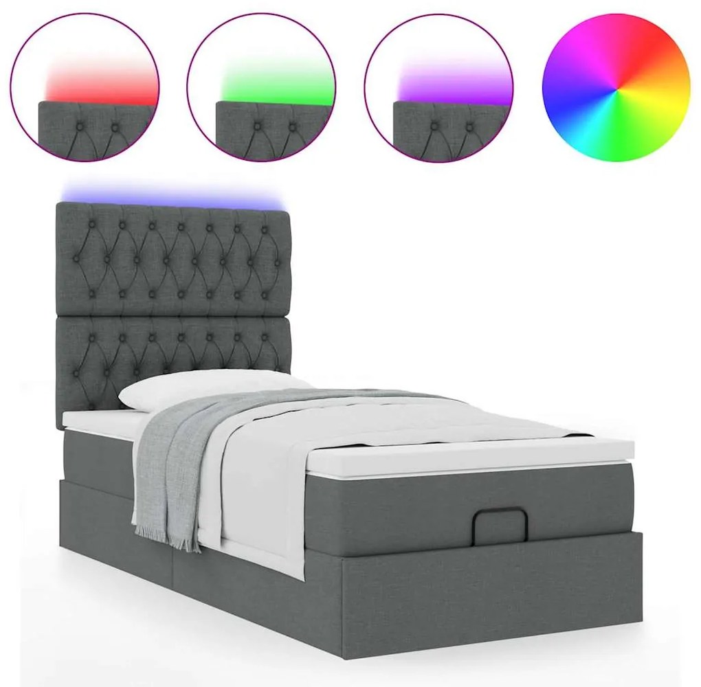 Cama Otomana com colchão & LEDs 80x200cm tecido cinza-escuro
