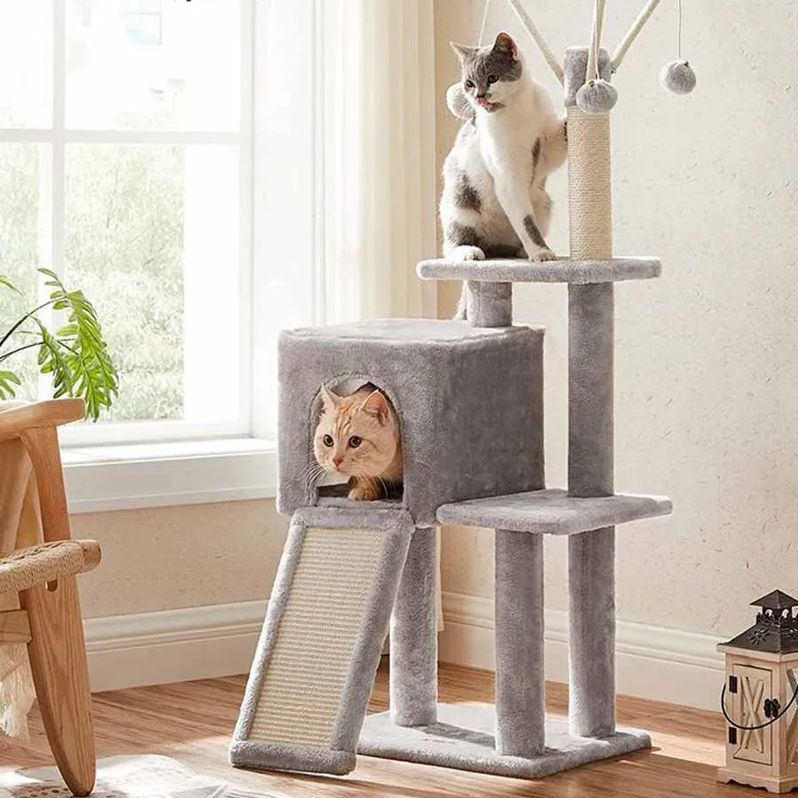 Arranhador gatos com 3 bolas 118 cm com brinquedo Cinzento claro