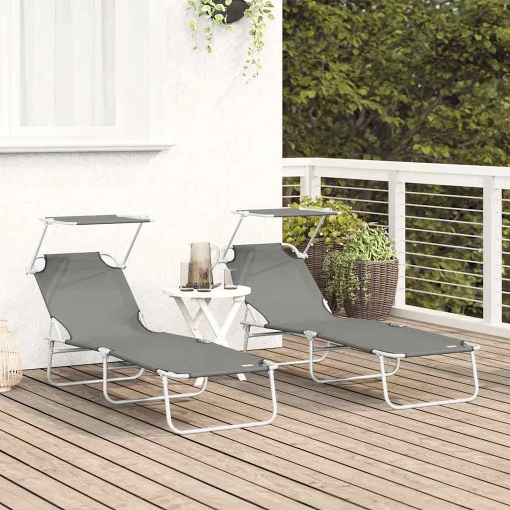 Espreguiçadeiras dobráveis 2 pcs com toldo em tecido Oxford cinza 600D