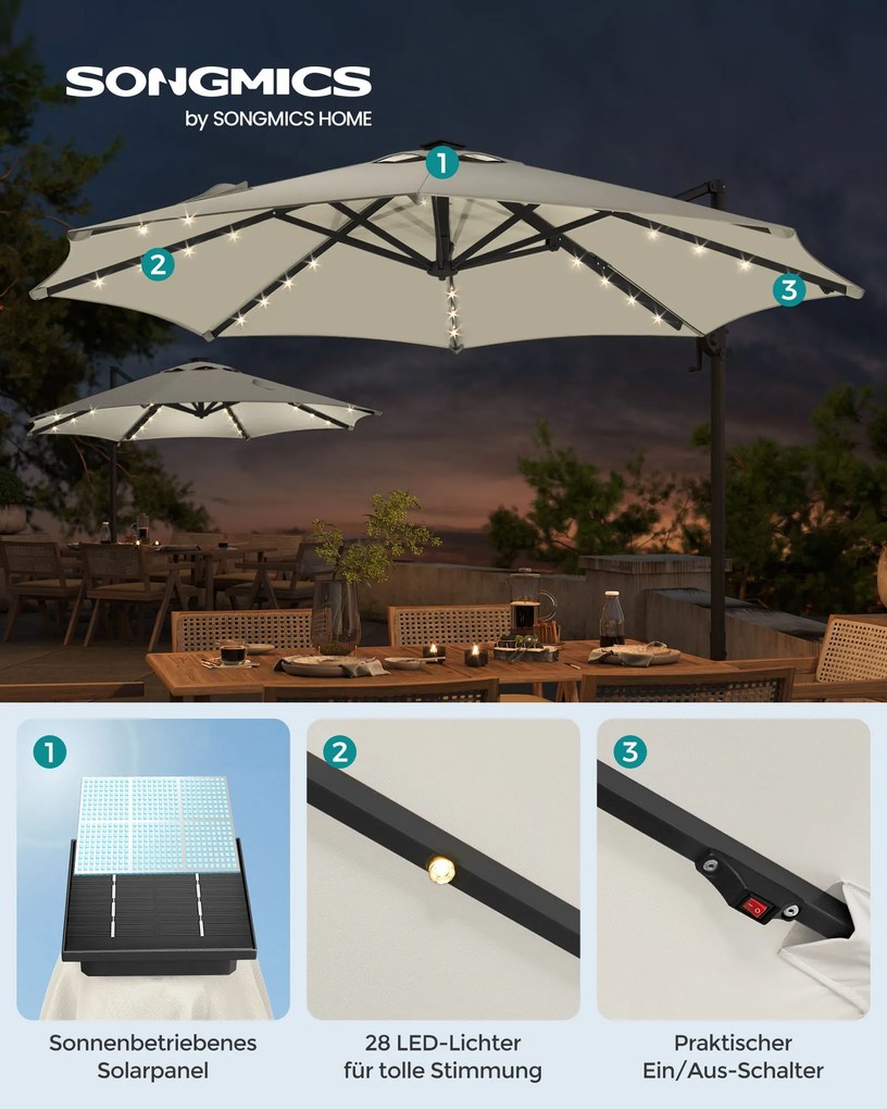 Guarda-sol jardim Ø 300 cm com luzes LED solares UPF 50+ rotativo 360º com base cruzada (SEM PESOS) branco creme