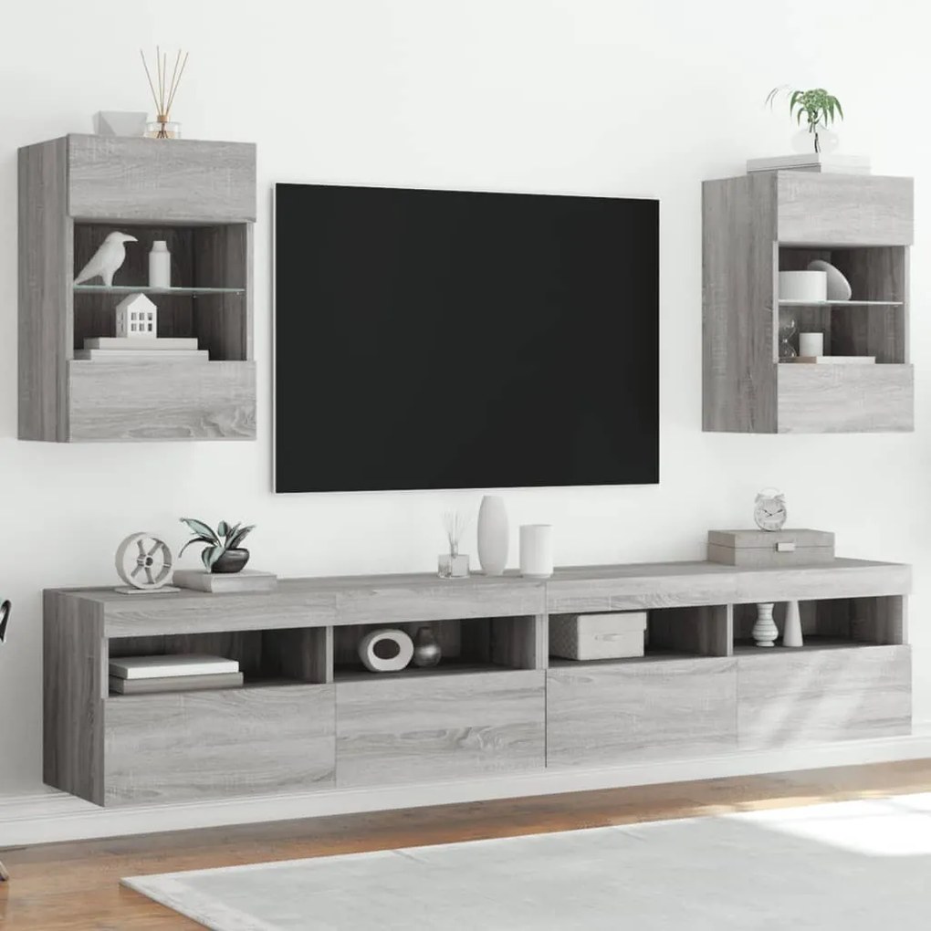 Armários de parede com luzes LED para TV 2 pcs cinzento sonoma