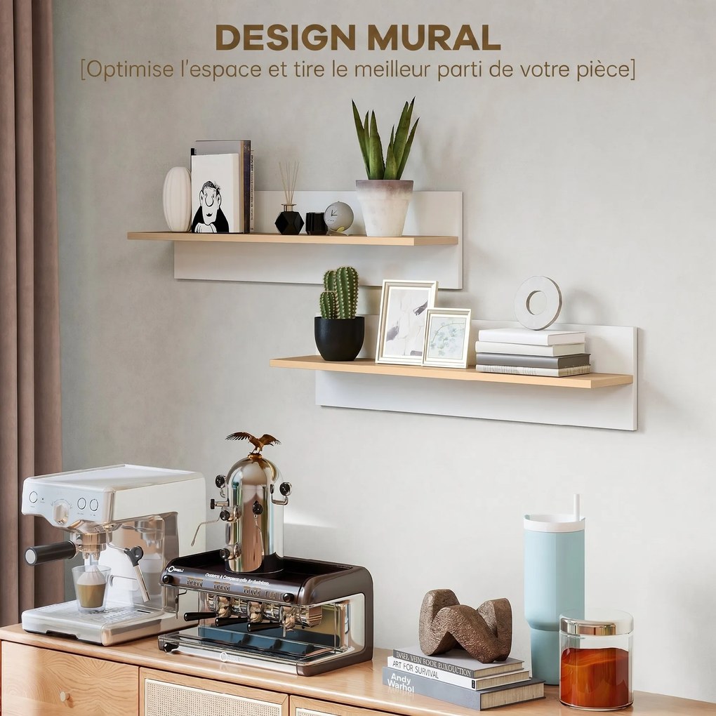 Conjunto de 2 prateleiras de parede de 80 cm, prateleiras suspensas para a sala de estar, hall de entrada, quarto e cozinha, em branco e madeira natur