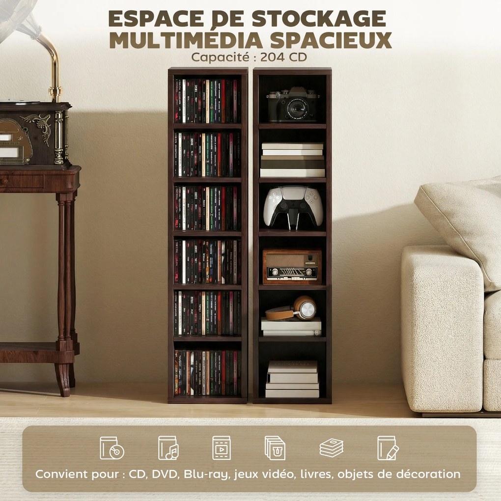 Conjunto de 2 prateleiras verticais para arrumação de CDs e DVDs, com 12 compartimentos, 21 x 22,5 x 88,5 cm, capacidade para 204 CDs, castanho