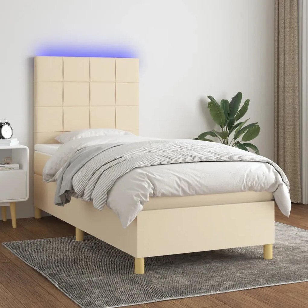 Cama box spring c/ colchão e LED 80x200 cm tecido cor creme