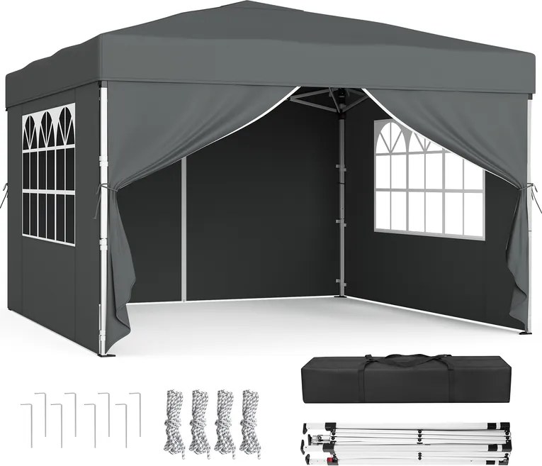 Tenda dobrável de 3 x 3 m para jardim e festas, com 4 paredes laterais, cinzento escuro