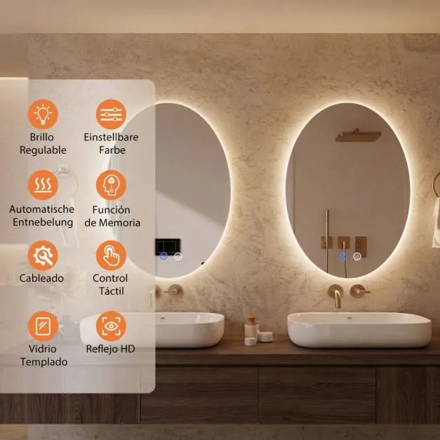 Espelho oval 70 x 50 cm, 3 cores de luz reguláveis, função de memória, espelho de vidro temperado Prata