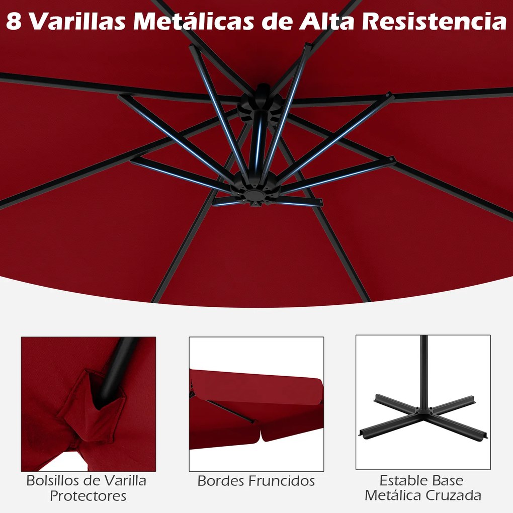 Conjunto de guarda-sol cantilever de 305 cm com inclinação de 0 a 35°, manivela, 8 varas, capa e base recheável com água/areia de 128 kg, vermelho