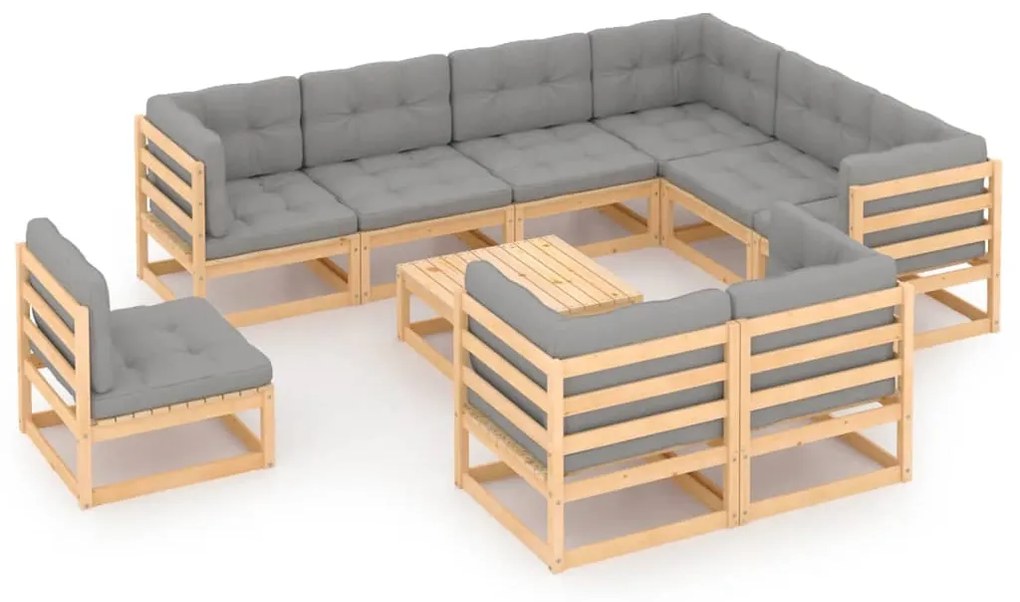 10 pcs conjunto lounge de jardim c/ almofadões pinho maciço