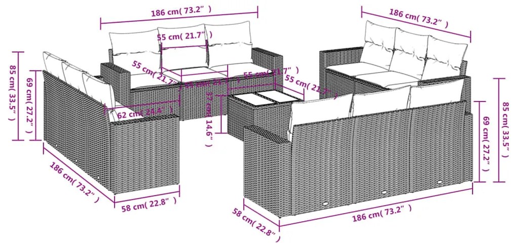 13 pcs conjunto sofás p/ jardim c/ almofadões vime PE cinzento
