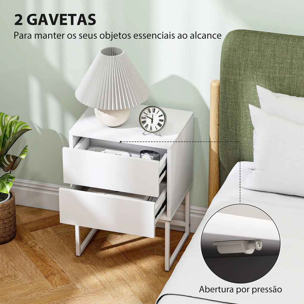 Conjunto de 2 Mesas de Cabeceira Estreitas Mesas de Cabeceira Quarto com 2 Gavetas Abertura por Pressão 40x30x55 cm Branco