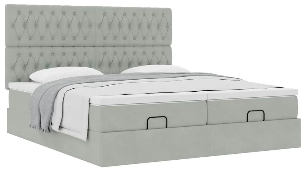 Estrutura cama otomana colchões 200x200cm veludo cinzento claro