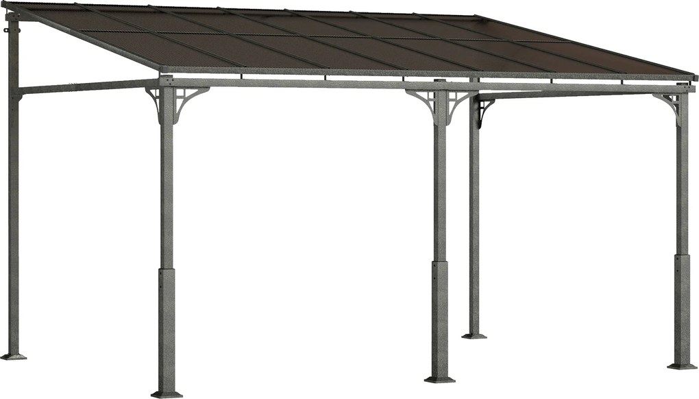 Outsunny Pérgola Encostada 4x3m com Telhado em Policarbonato, Pergolado de Jardim em Metal e Alumínio com Parafusos, para Exterior, Terraço e Pátio, Proteção UV, Castanho | Aosom Portugal