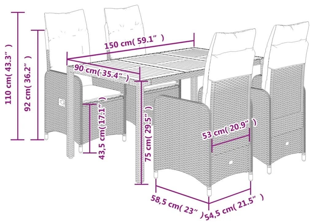 5 pcs conjunto bistrô de jardim c/ almofadões vime PE cinza