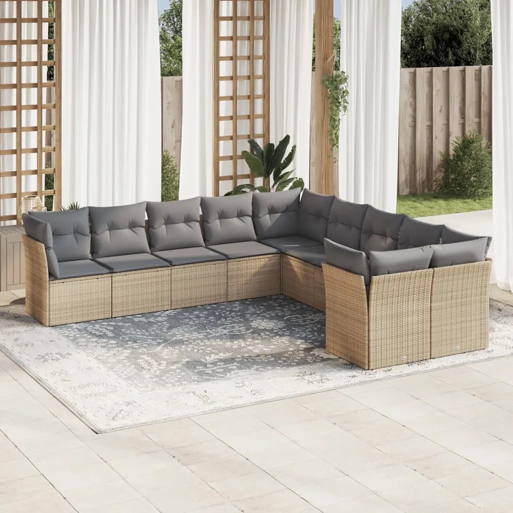 10 pcs conjunto de sofás p/ jardim com almofadões vime PE bege