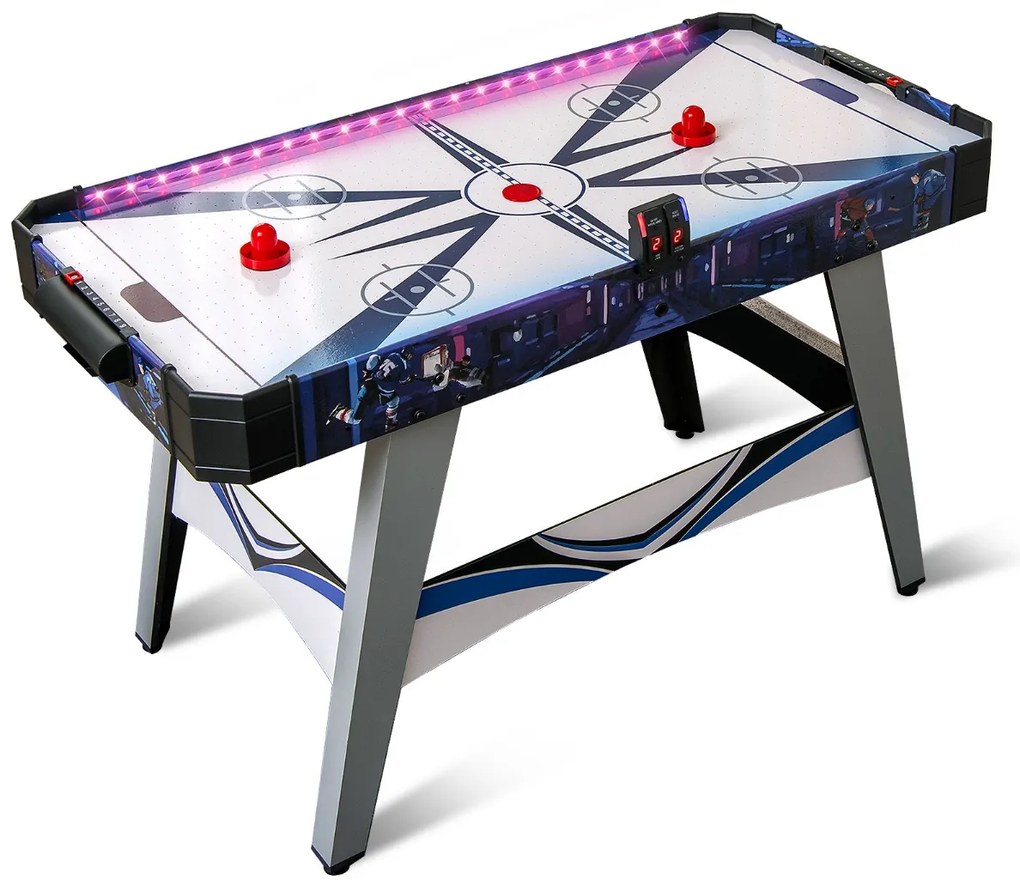 Mesa de Air hóquei com luzes LED e marcador LED 137 x 65 x 86 cm, 2 empurradores e discos, motor potente de 12V azul