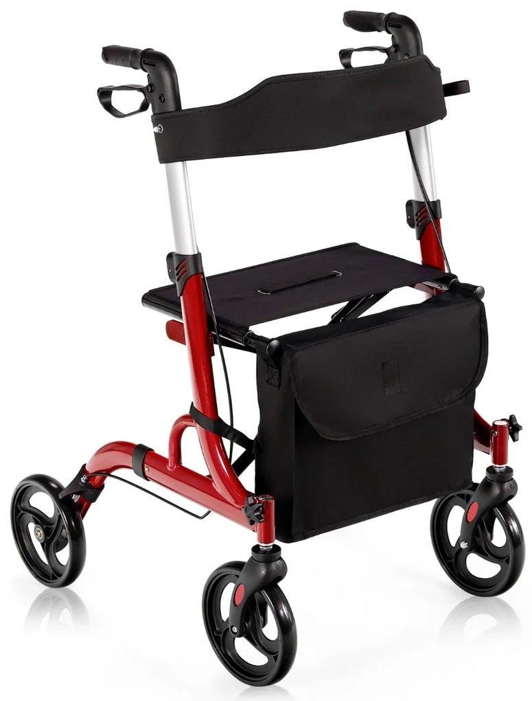 Andarilho 2 em 1 dobrável para idosos com assento Rodas Pegas Altura ajustável Duplo sistema de travões 79,5 x 61,5 x 83-96 cm Vermelho