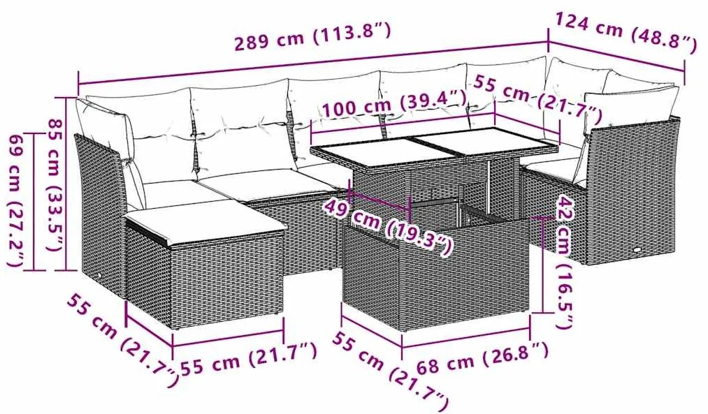 8 pcs conjunto sofás de jardim com almofadões vime PE preto