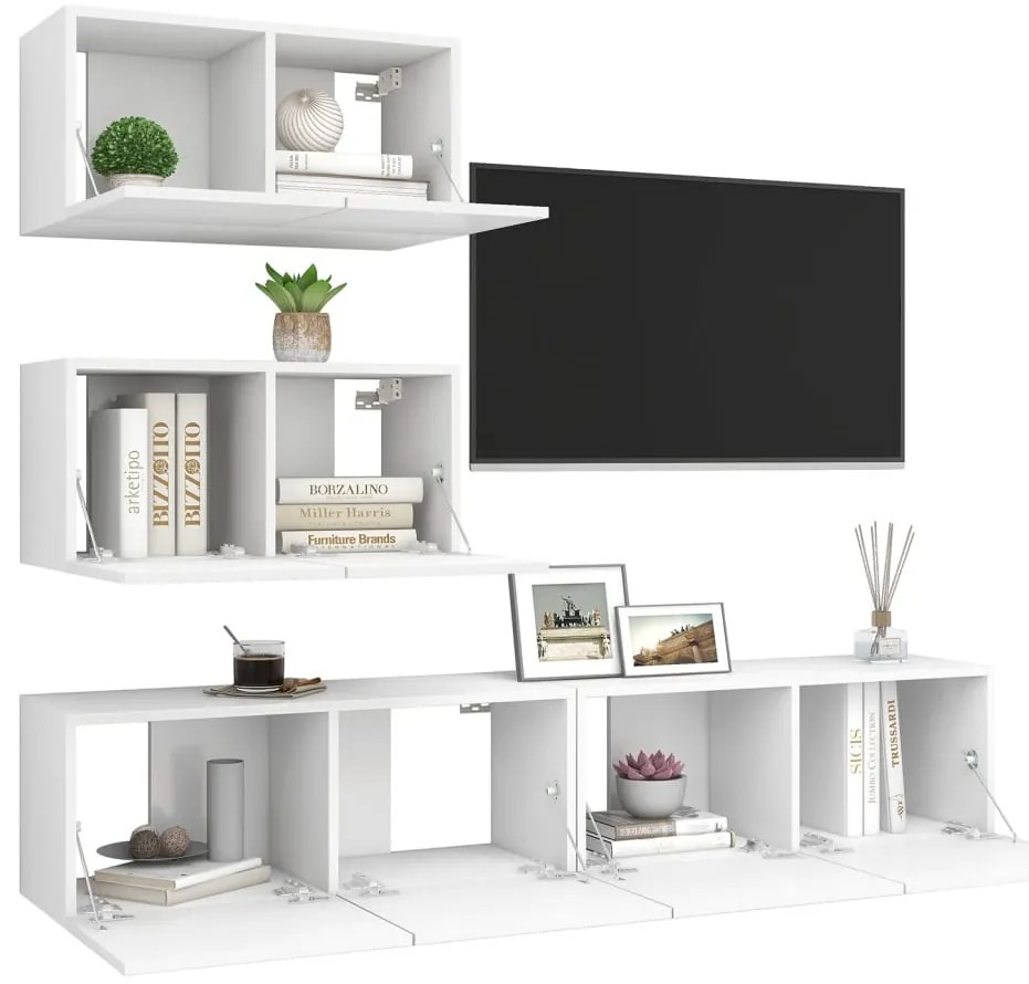 4 pcs conjunto de móveis de TV derivados de madeira branco