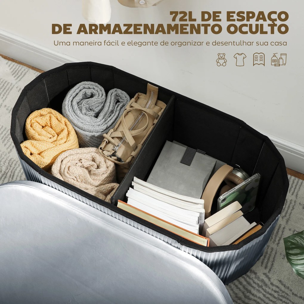 Puff de Arrumação 72 L 76x38x35 cm Estofado em Veludo Baú de Arrumação Suporta 120 kg Cinzento Escuro