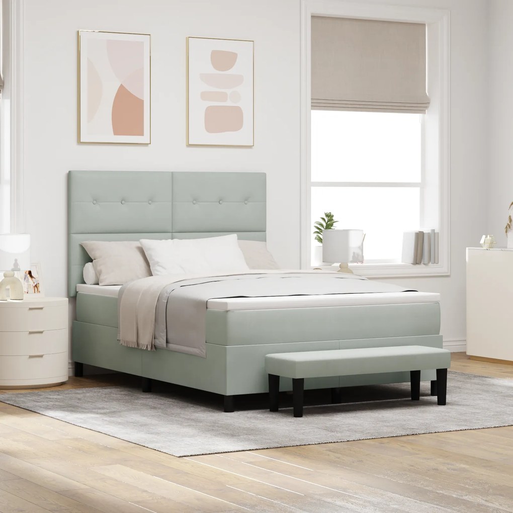 vidaXL Cama Box Spring com Colchão &amp; Banco Cinza Claro 140x190 cm Veludo