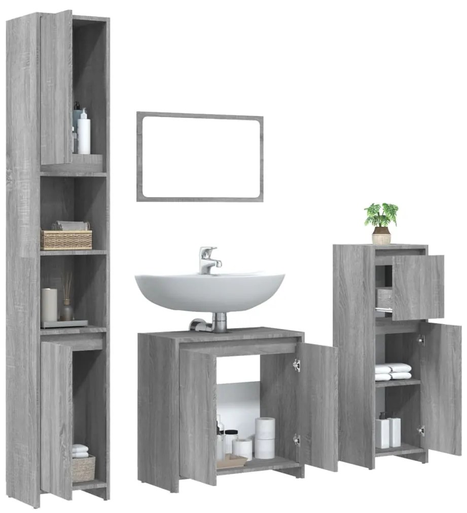 4 pcs Conjunto móveis casa de banho madeira proc. cinza sonoma