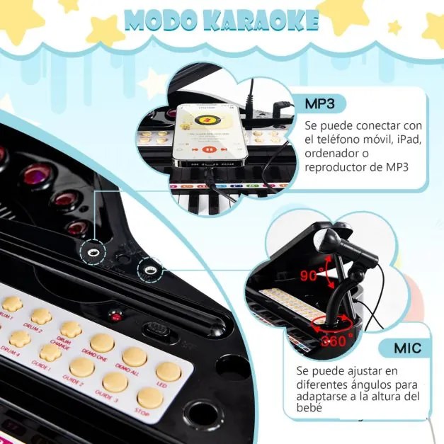 Piano eletrónico para crianças de 31 teclas com banco portátil com microfone LED 35 x 30 x 55 cm Preto
