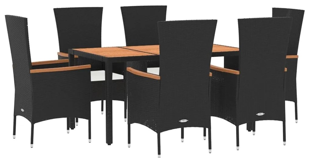 7 pcs conjunto de jantar p/ jardim c/ almofadões vime PE preto
