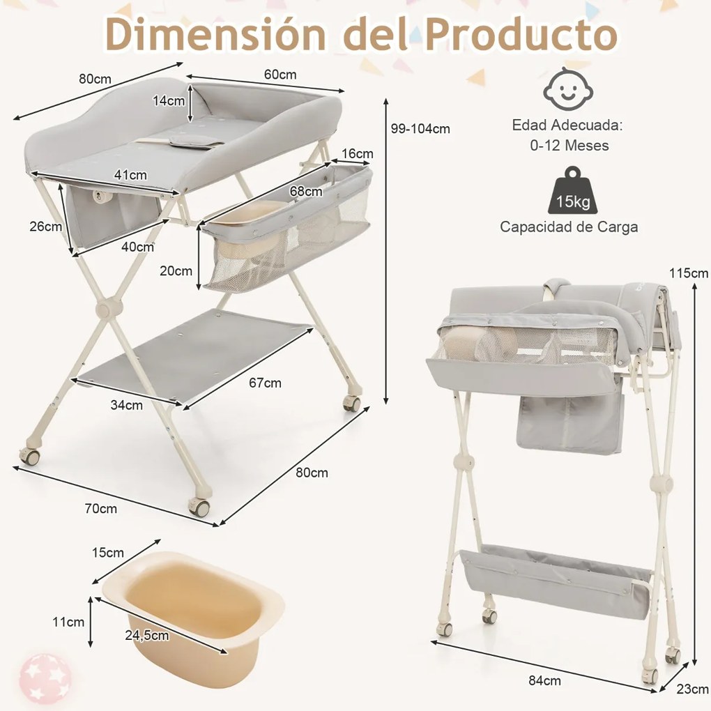 Mesa trocador de Fraldas bebé dobrável Altura Ajustável Cinto de Segurança Rodas 80 x 70 x 104 cm Cinzento