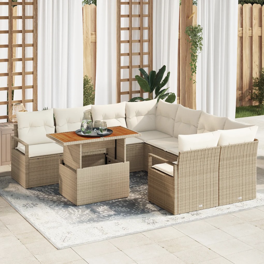 Conjunto de Sofá de Jardim de 9 Peças com Almofadas Bege de Rattan Pol
